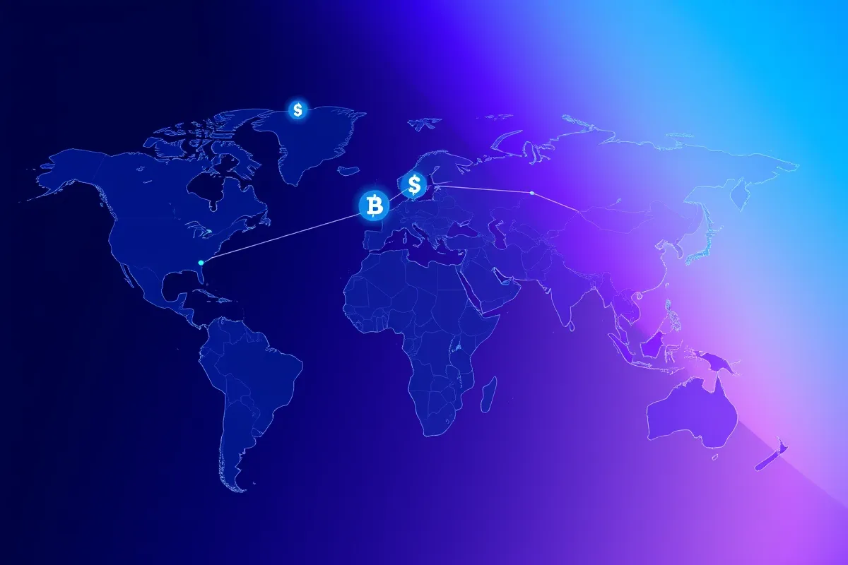 Global payments network showing international money transfer connections across 190+ countries